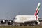 Emirates Airbus A380-861 airliner A6-EEF on a taxiway preparing for takeoff from Melbourne International Airport.