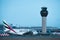 An Emirates Airbus A380 decorated with the special Museum of the Future livery on the runway at Manchester Airport