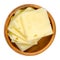 Emmental cheese slices, folded slices of Swiss cheese in wooden bowl