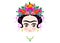 Emoji baby Frida Kahlo with crown of colorful flowers, isolated