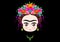 Emoji baby Frida Kahlo with crown of colorful flowers, isolated on black