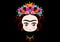 Emoji baby Frida Kahlo with crown of colorful flowers, isolated on black