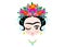 Emoji baby Frida Kahlo to the tongue out with crown and of colorful flowers, isolated