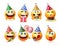 Emoji birthday vector set design. Emojis 3d face isolated in white background with party hats, cake and gift celebration elements.