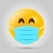 Emoji with blue mouth mask. Yellow emoji icon on grey template. Vector illustration