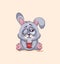 Emoji character cartoon Gray leveret just woke up with cup of coffee sticker emoticon