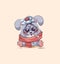 Emoji character cartoon Gray leveret sick with thermometer in mouth sticker emoticon