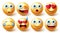 Emoji characters vector set. Smiley emojis 3d collection in cute facial expressions isolated in white background for emoticons.