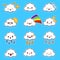 Emoji clouds . Cute smily clouds with faces set. Cartoon funny emoticon.