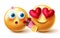 Emoji couple valentine vector concept design. 3d inlove smiley emojis character with flower bouquet for valentine and anniversary.