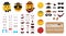 Emoji cowboy creator vector kit. Smiley editable cowboys character set with eyes, mouth and cowboy elements for western costume.