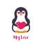 Emoji with cute pinguin in love over white