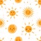 Emoji doodle sun seamless pattern, smiling sign of summer, good weather. Cartoon morning design