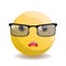 Emoji emoticon round upset, brown eyes and rectangular glasses with black frame and glass.