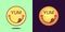 Emoji face icon with phrase Yum. Enjoyable emoticon with tongue and text Yum. Set of cartoon faces, emotion icon