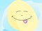 Emoji face with small closed eyes and its tongue playfully sticking out on big yellow sun shape on blue sky