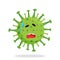 Emoji, frightened or surprised coronovirus COVID-19 with drops of sweat on his face. Green round with spikes. Isolated vector