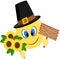 Emoji happily holding bouquet of sunflowers, Happy Thanksgiving sign and pilgrim hat