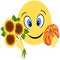 Emoji happily holding bouquet of sunflowers and pumpkin