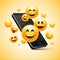 Emoji happy smiley design with mobile phone. 3d emotion concept illustration