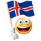 Emoji holding Icelandic flag, emoticon waving national flag of Iceland 3d rendering