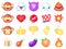 Emoji icons. Cute smiley, emoticons happy and angry face, comic turd. Eggplant, monkey collection, hand and kiss lips
