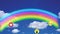 Emoji icons flying over sky with rainbow