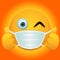 Emoji with mouth mask with two thumbs up - yellow face with half-closed eyes wearing a surgical mask vector illustration concept