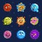 Emoji planets. Cute colorful planets stickers, kids astronomy comics objects with funny smile face, fantasy space vector