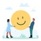 Emoji, positive mood and reaction in social media, tiny people holding big cheerful face