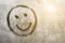 Emoji smile, Autumn rain, inscription on sweaty glass smiley with copy space for text