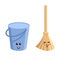 Emoji with smile. Cleaning service elements in kawaii style. Bucket and broom. Pail with handle and besom with stick. Housework