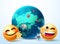 Emoji smiley covid vaccine vector design. Emoticons 3d character vaccinating world globe with syringe element of for covid-19.