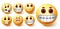 Emoji smileys vector set. Emojis smiley yellow avatar face with funny, crazy, happy