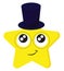 Emoji of the smiling five-pointed yellow star in a magician`s blue hat, vector or color illustration