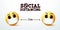 Emoji social distancing vector sign. Emoji smiley wearing face mask with social distancing