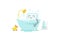 Emoji sticker robot is taking bathin in the bathroom. Very cute picture rest, exfoliation foam shampoo. Break for rest