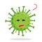Emoji surprised COVID-19 coronovirus with a red question mark above his head. Green round with spikes. Isolated vector