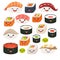 Emoji sushi characters. Cartoon japanese food. Vector set sushi cartoon characters.