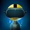 Emoji is wearing virtual headset. Metaverse. Into virtual reality world. Future technology