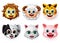 Emojis and emoticons animal happy face vector set. Animal emoji face of lion, lamb, tiger, dog, cat and pig character.