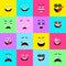 Emojis icons Set vector. Emoticons square icon. Mood Faces. Smiles frame. For mobile app, message. Expressive cartoon