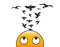 Emoticon character with birds flying from his head. Vector illustration concept for creativity, freedom of mind and psychology