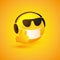 Emoticon, Face with Mask, Sunglasses and Headphones, Showing Thumbs Up on Yellow Background