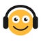 Emoticon of happy smiling person and man who is listening music, sound and audio by earphones, headphones, headset and head set