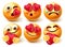 Emoticon love smileys vector character set. In love 3d emoji characters with expressions like kiss, crying and holding heart.