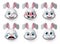 Emoticon rabbit face vector set. Rabbit or bunny emojis and emotions animal face with angry, crying, scared and cute faces.