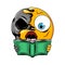 The emoticon shock expression with the hole mouth to dark skull holding the book