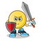 Emoticon warior holding sword and shield mascot vector cartoon illustration