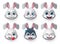 Emoticons and emoji rabbit face vector set. Rabbits bunny faces animal emojis in naughty, crying, excited, smiling and happy.